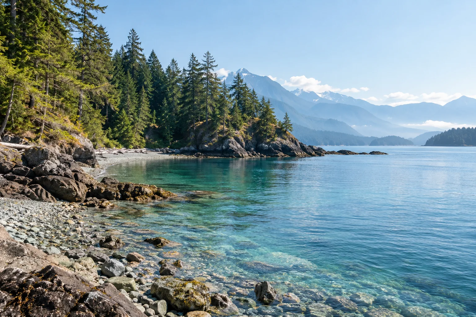 Clear coastal water beside an evergreen forest and a rocky beach